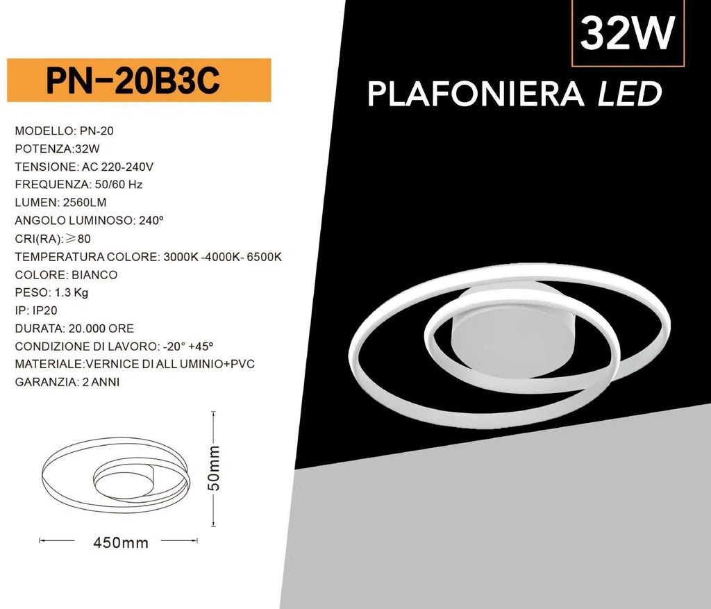 Plafoniera Lampadario LED SMD a Soffitto Universo PN-20B3C – Design ad Anelli 32W, CCT 3in1 (3000K/4000K/6500K)