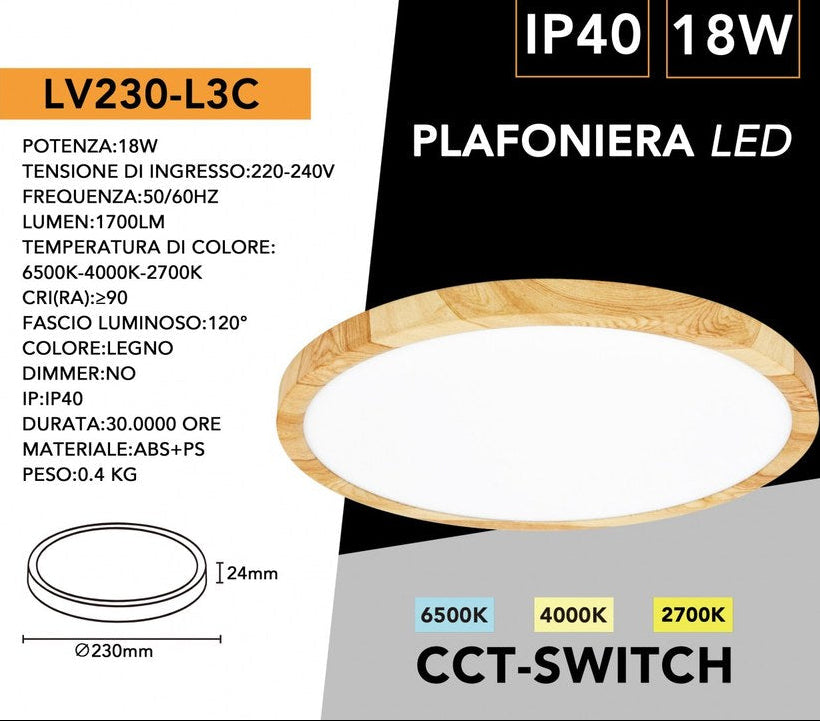 Plafoniera Ultra Slim Rotonda Effetto Legno UNIVERSO LV-230-L3C 18W Ø23cm | CCT 3in1 IP40
