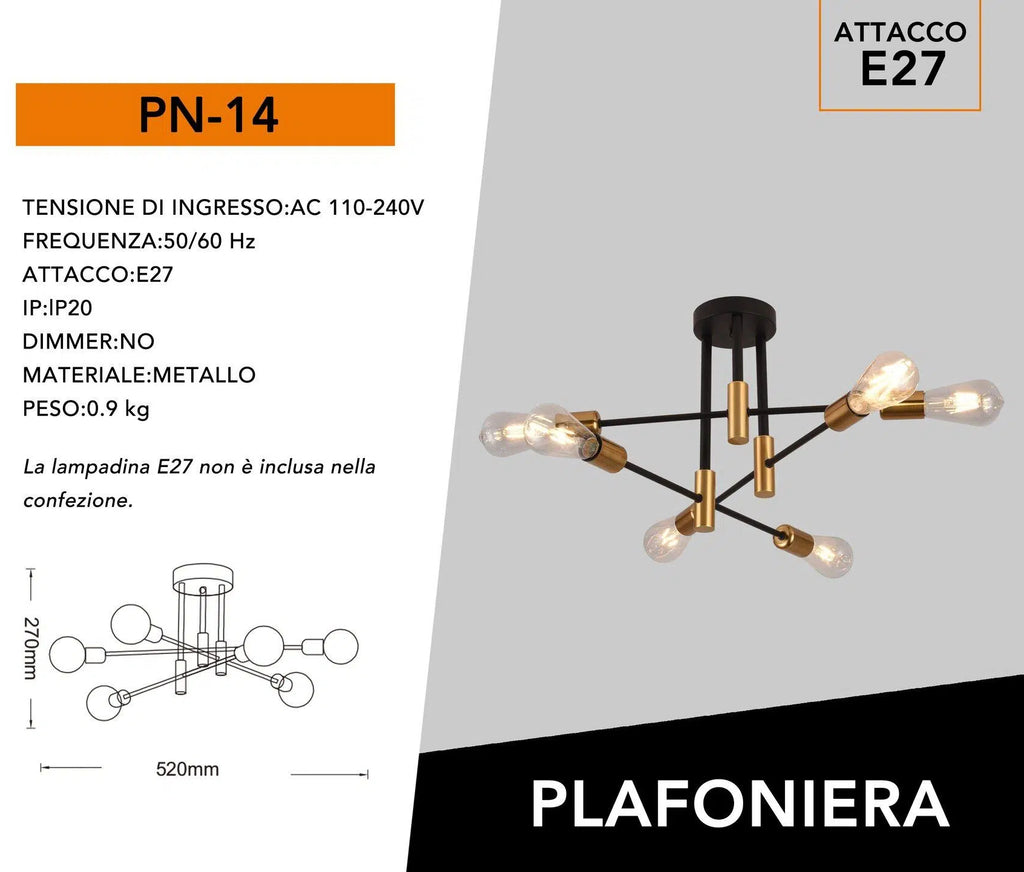 Plafoniera Lampadario da Soffitto Stile Moderno – Aste Regolabili con 6 Attacchi per Lampadine E27