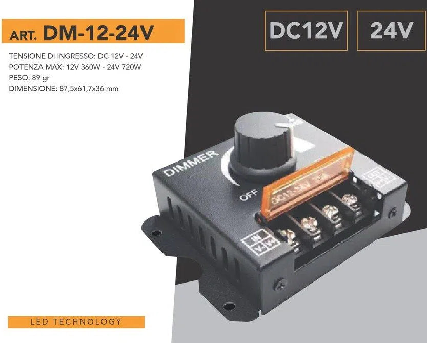 Dimmer con Manopola per Strip LED Monocolore DC12/24V | Potenza Max 720W