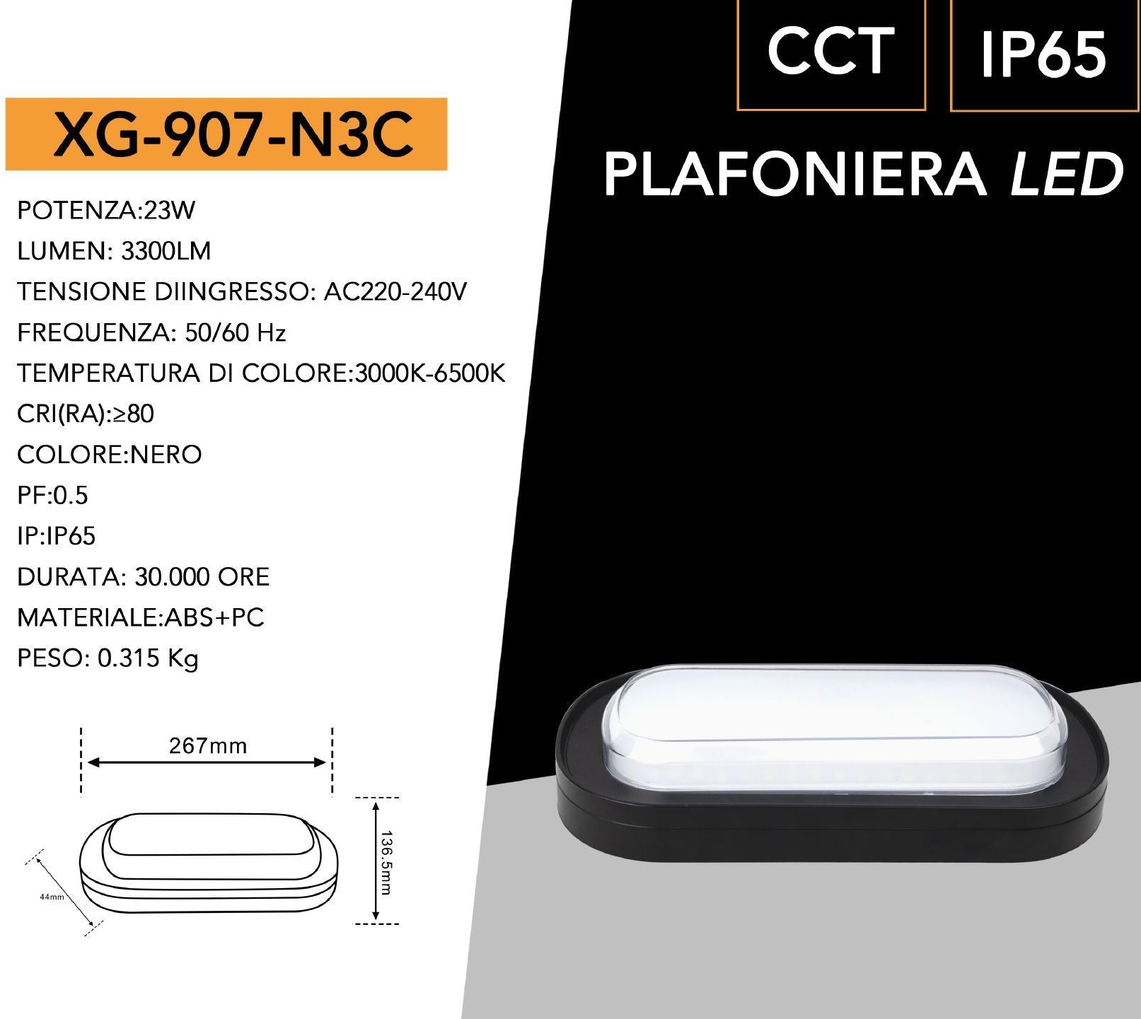 Plafoniera LED SMD Ovale Esterno UNIVERSO XG-907-N3C 23W IP65 | Switch CCT 3in1 3000K-4000K-6500K