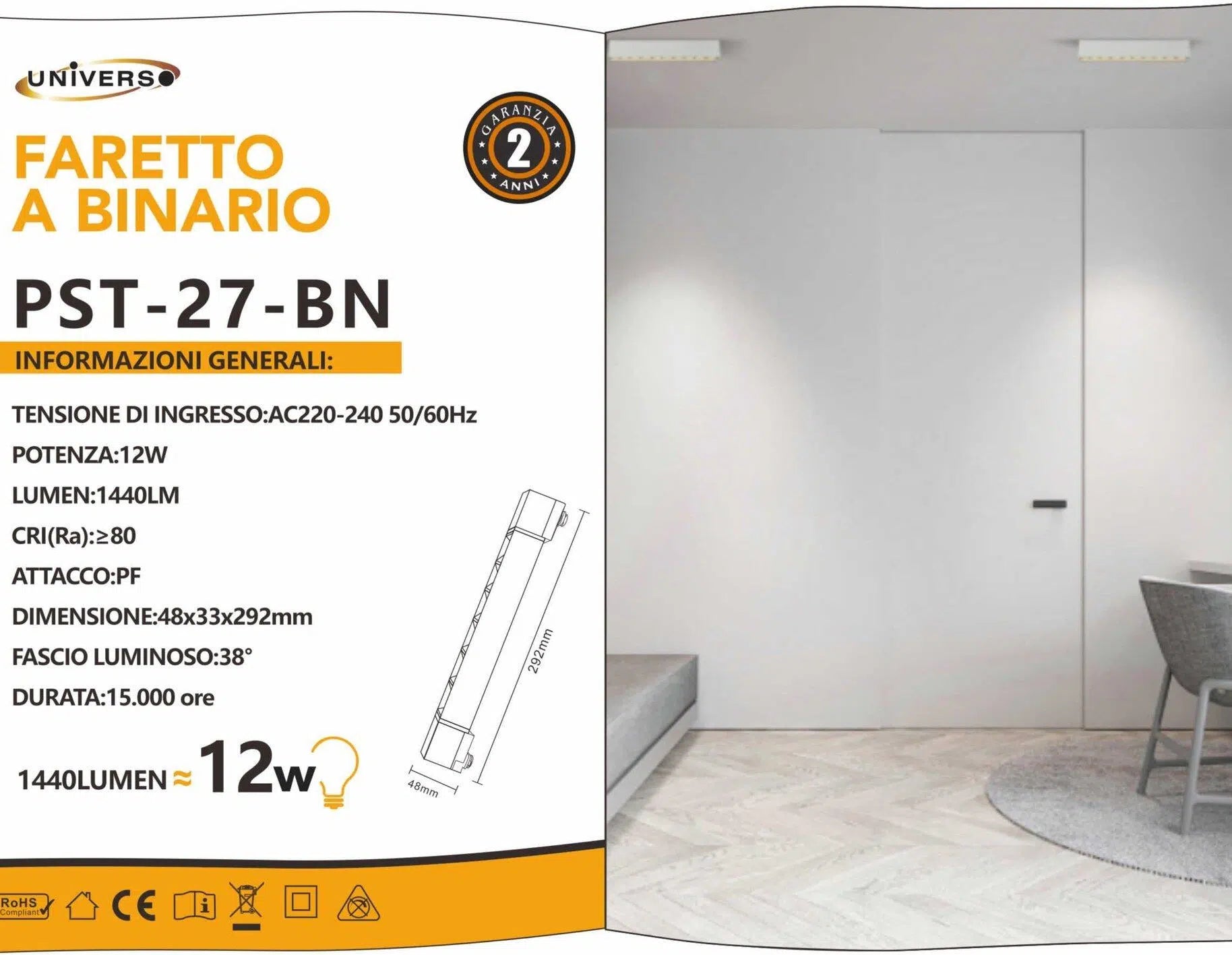 Track Light Faretto Lineare LED SMD Universo PST-27-B – 12W, 38°, per Binario Elettrificato Monofase, Colore Bianco