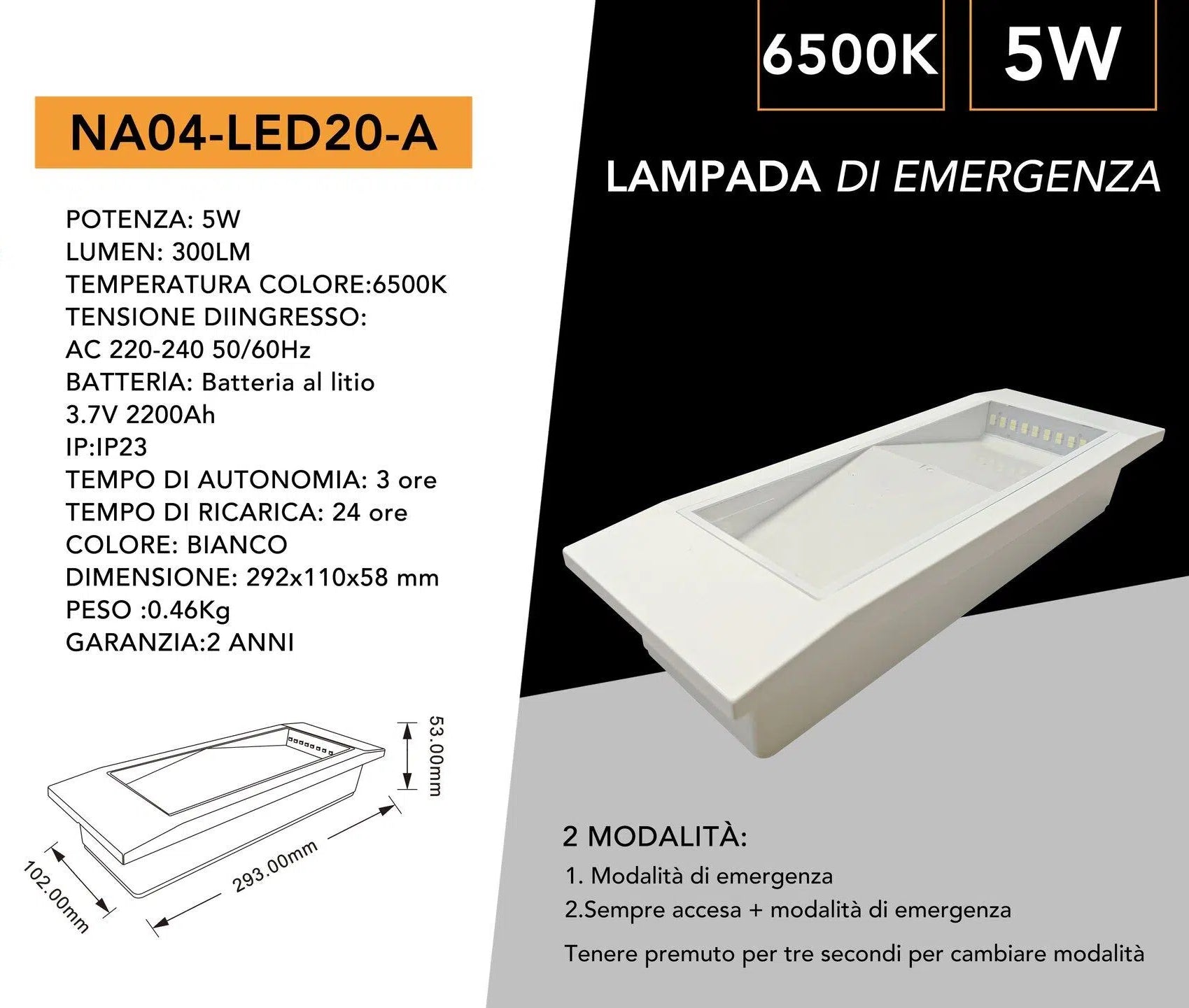 Lampada LED di Emergenza Anti Black Out Universo NA04-LED20-A – 5W, 300 Lumen, da Interno con Pittogrammi