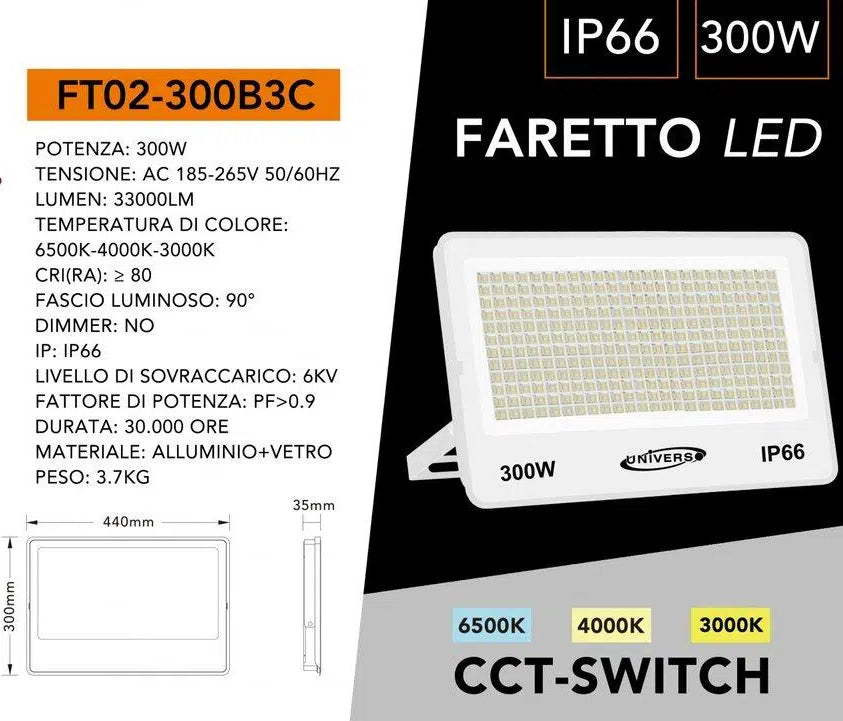 Proiettore LED Ultra Slim SMD UNIVERSO FT02-300B3C 300W | CCT Selezionabile IP66