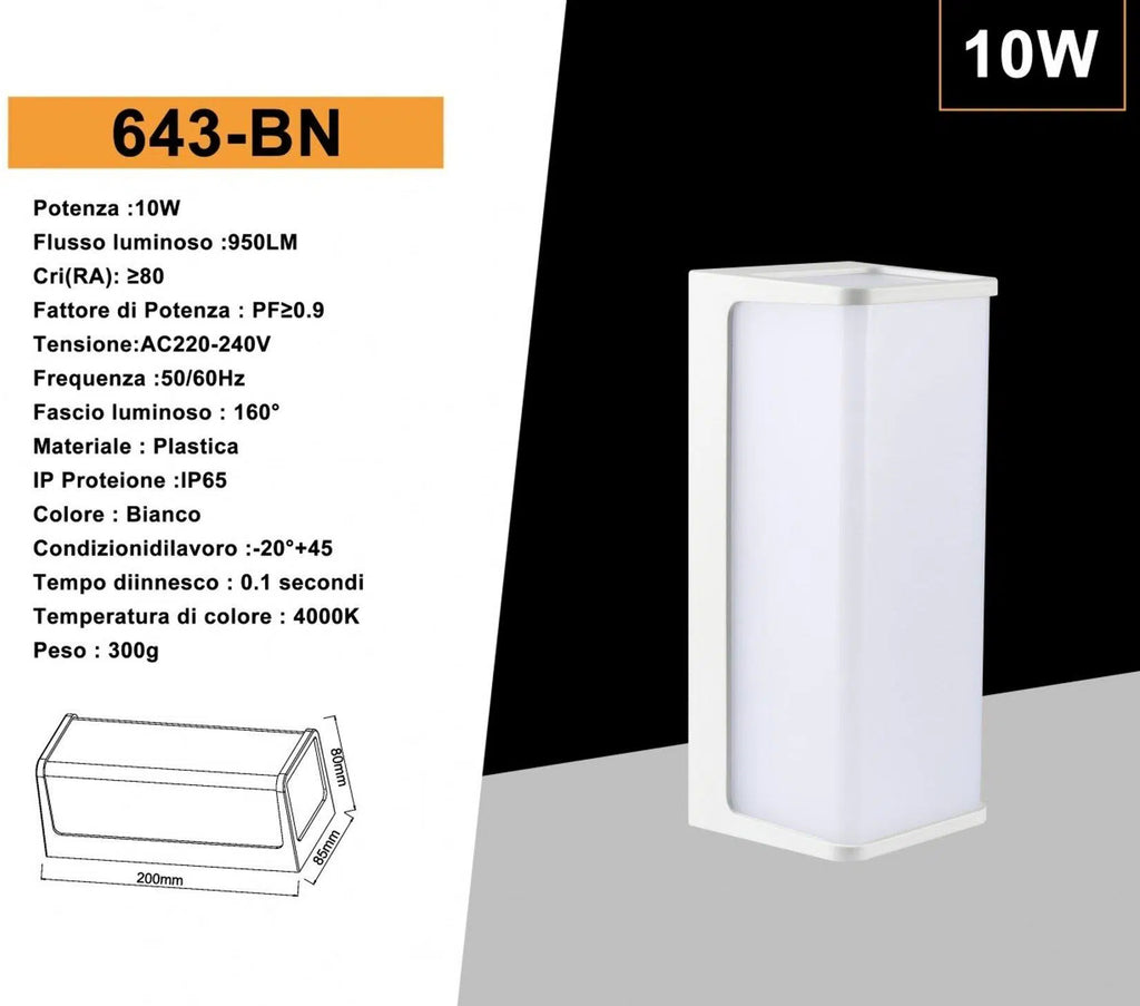 Lampada LED da Muro 10W Wall Light SMD – Applique Bianca, 950 Lumen, IP65 per Esterno
