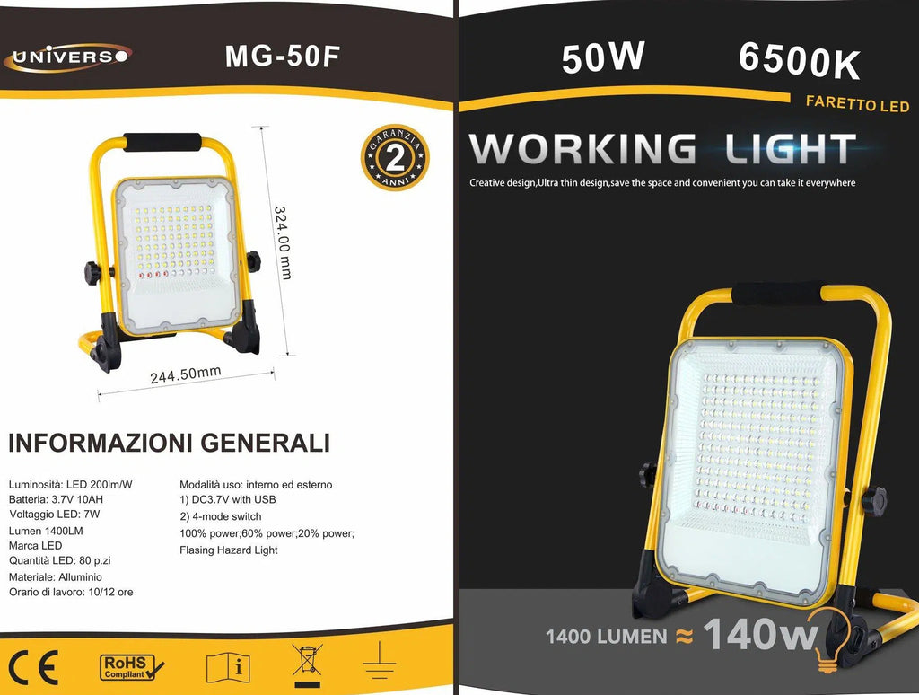 Faro LED Slim SMD 50W Ricaricabile e Portatile UNIVERSO | Con Maniglia e Staffa IP65 - 6500K