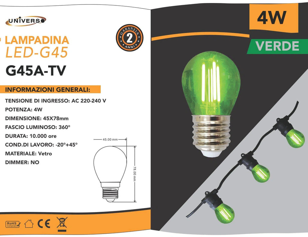 Confezione da 10 Pezzi Universo – Lampadina LED E27 Colorata 4W, Miniglobo G45 a Filamento, 440 Lumen, Colore Rosso/Verde/Blu