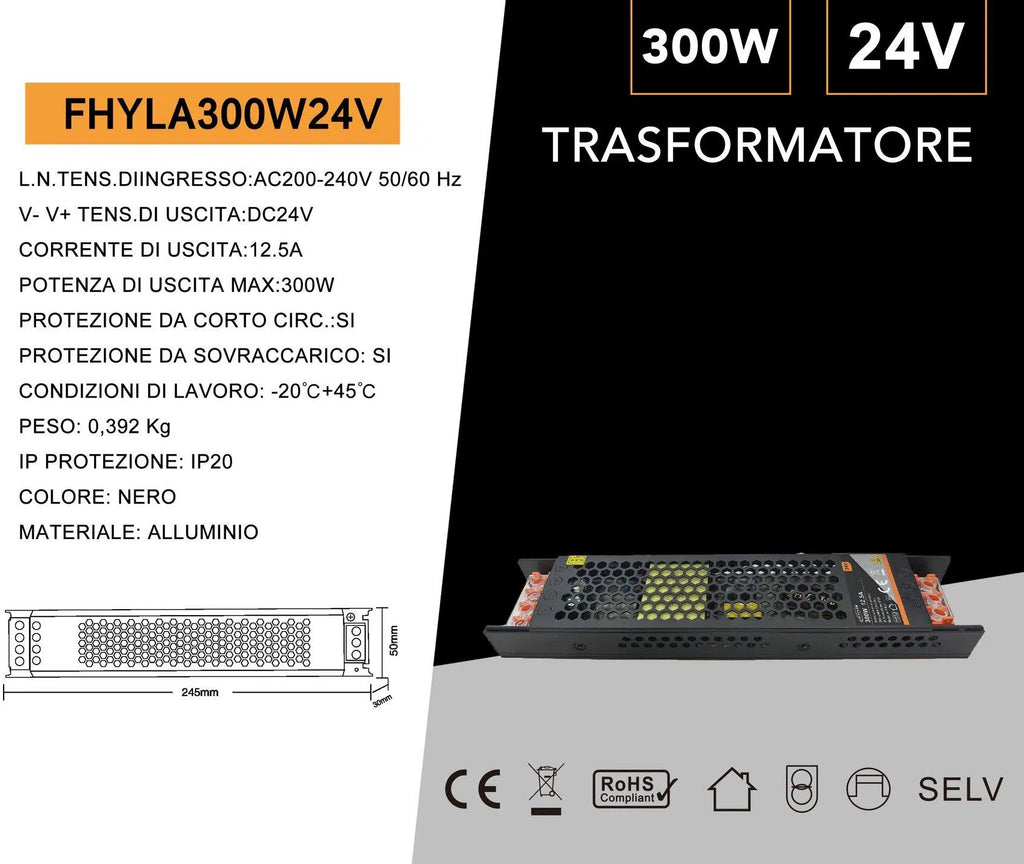 Alimentatore Slim Metallico Switching Stabilizzato 300W – Ingresso 220V, Uscita 24V 12.5A, Colore Nero