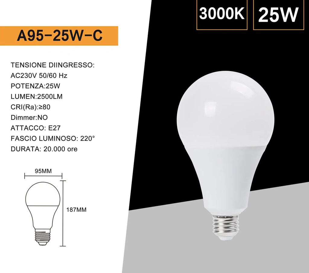 Lampadina SMD LED Universo A95-25W – Attacco E27, Bulb A95 a Goccia, 25W, 2600 Lumen, CCT 3000K/4000K/6500K
