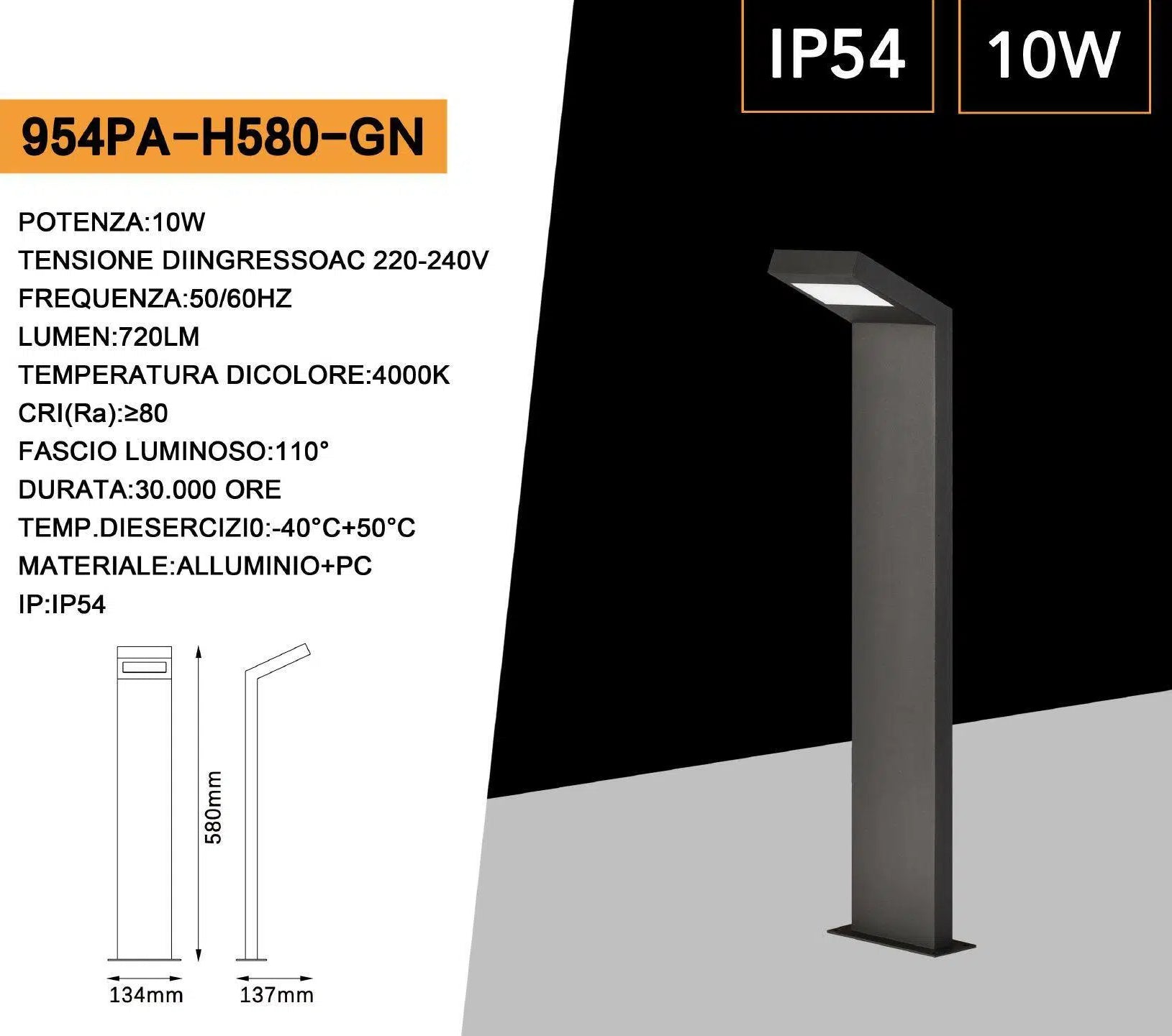 Lampada Applique LED da Giardino Universo 954PA-H580-GN 10W SMD IP54 – Lampione Bollard da Terra, Colore Grigio Scuro