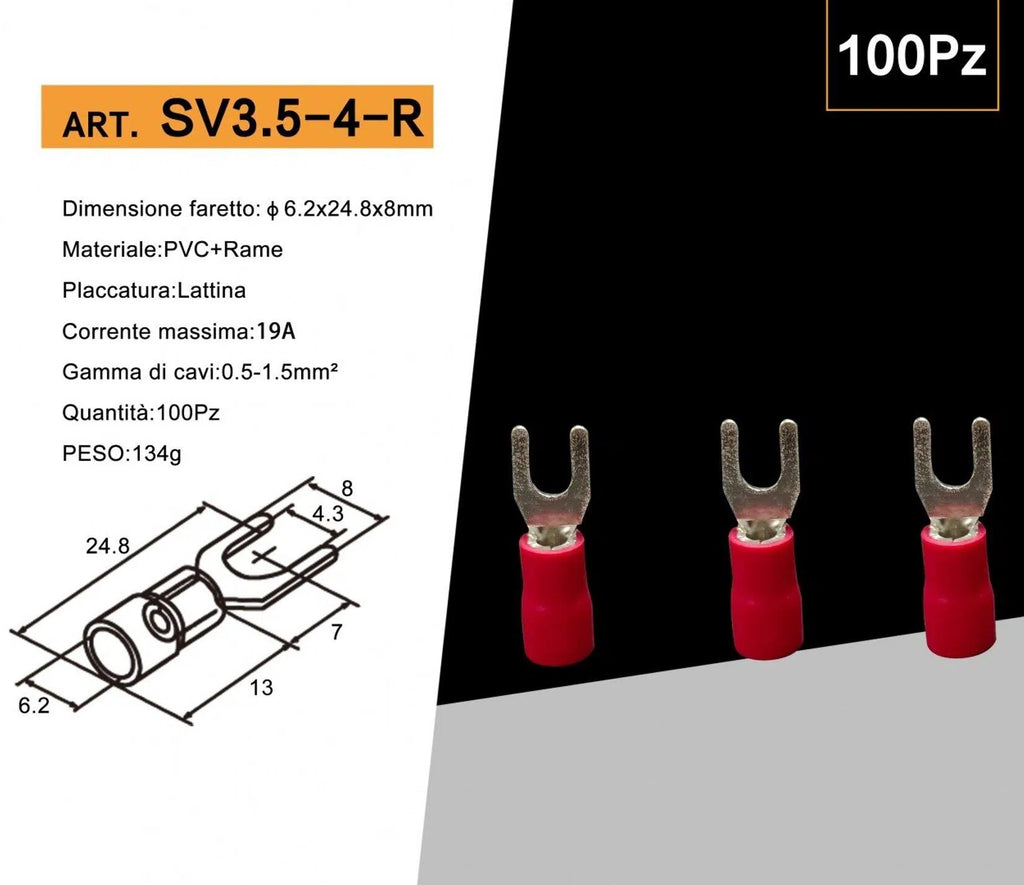Confezione da 100 pezzi – Capicorda terminale a forcella isolato, a crimpare per cavi da 2,5 mm² a 4 mm², misura M4