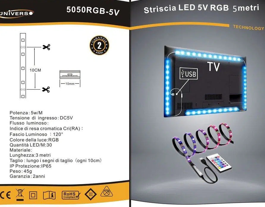Striscia LED per Retroilluminazione TV e Monitor RGB SMD 5050 5 Metri USB DC5V