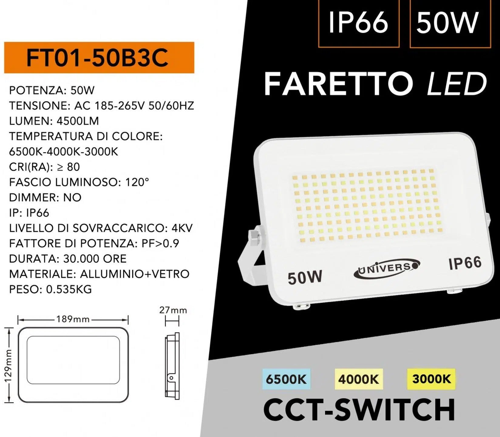 Proiettore LED Ultra Slim SMD UNIVERSO FT01-50B3C 50W | CCT Selezionabile IP66