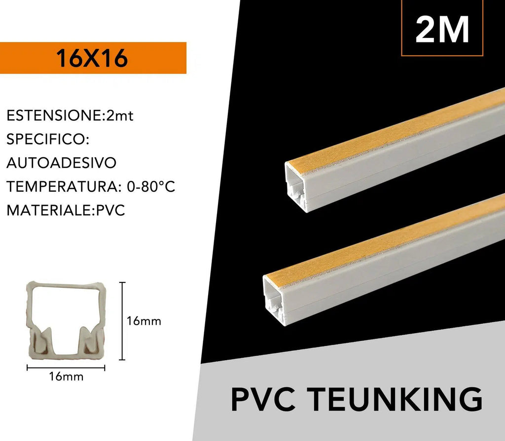 Confezione da 10 pezzi – Canalina passacavi con biadesivo in PVC, colore bianco, lunghezza 2 metri, dimensioni 16x16 mm.