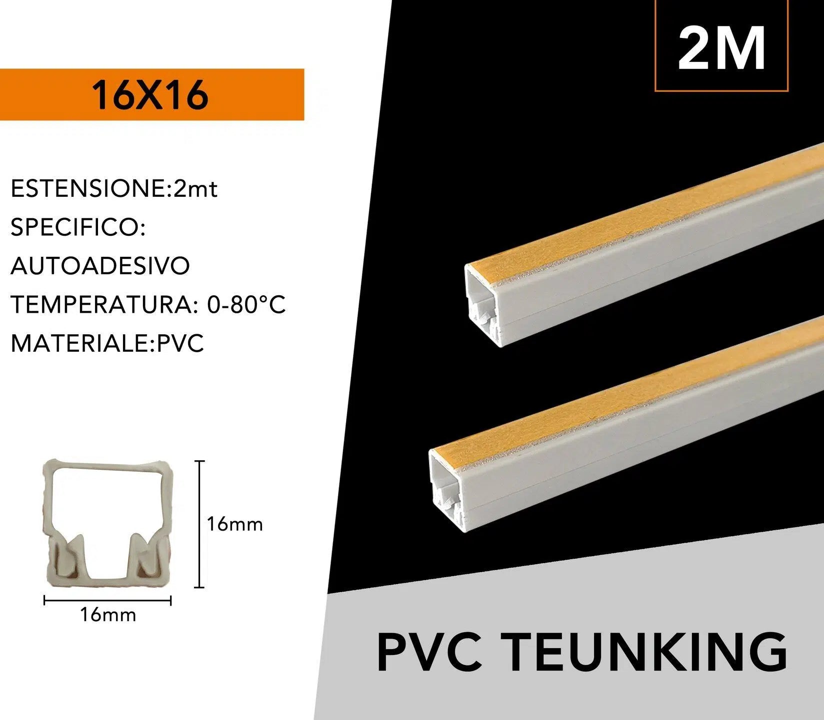 Confezione da 10 pezzi – Canalina passacavi con biadesivo in PVC, colore bianco, lunghezza 2 metri, dimensioni 16x16 mm.
