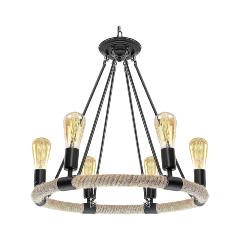 Lampadario a Sospensione Country Rustico – Forma Circolare in Corda con 6 Attacchi E27