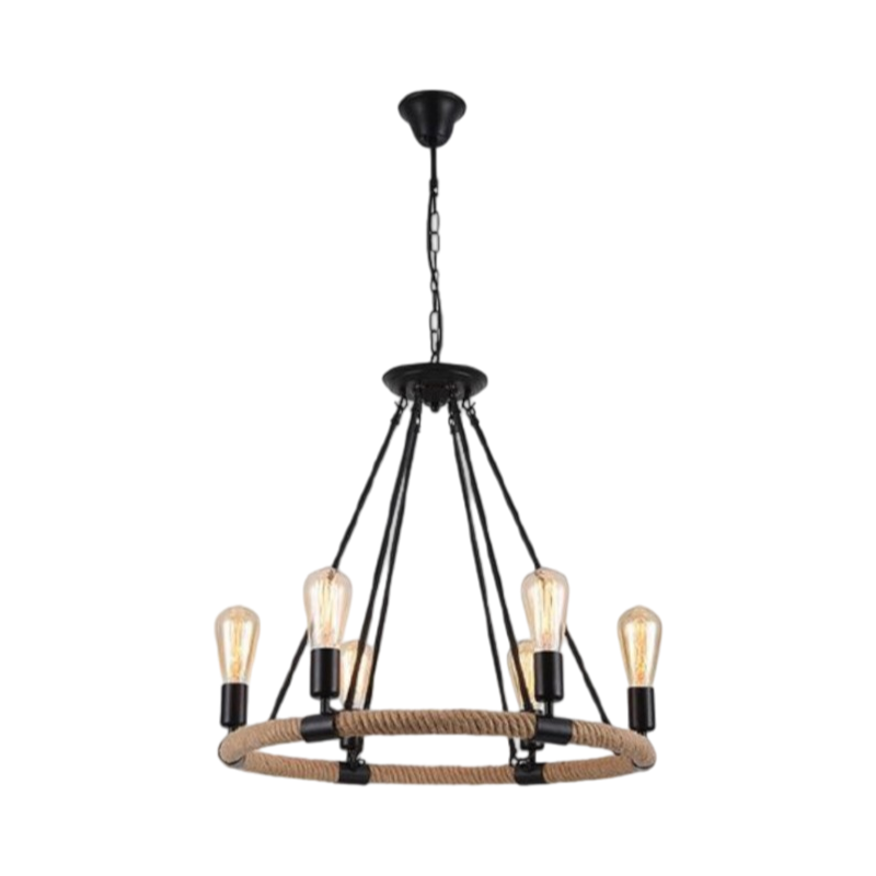 Lampadario a Sospensione Country Rustico – Forma Circolare in Corda con 6 Attacchi E27