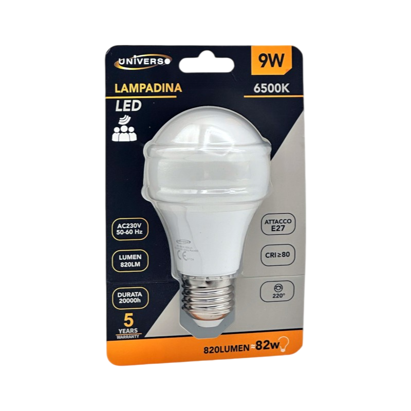 Lampadina LED Universo A60H-9W-F – Attacco E27, Bulb A60, 9W, con Sensore di Movimento, Luce Bianca Fredda 6500K