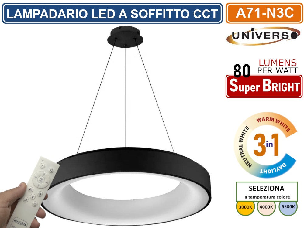 Lampadario LED SMD a Sospensione Universo A71-N3C – Design Circolare 43W, Colore Nero, CCT 3in1 (3000K/4000K/6500K)