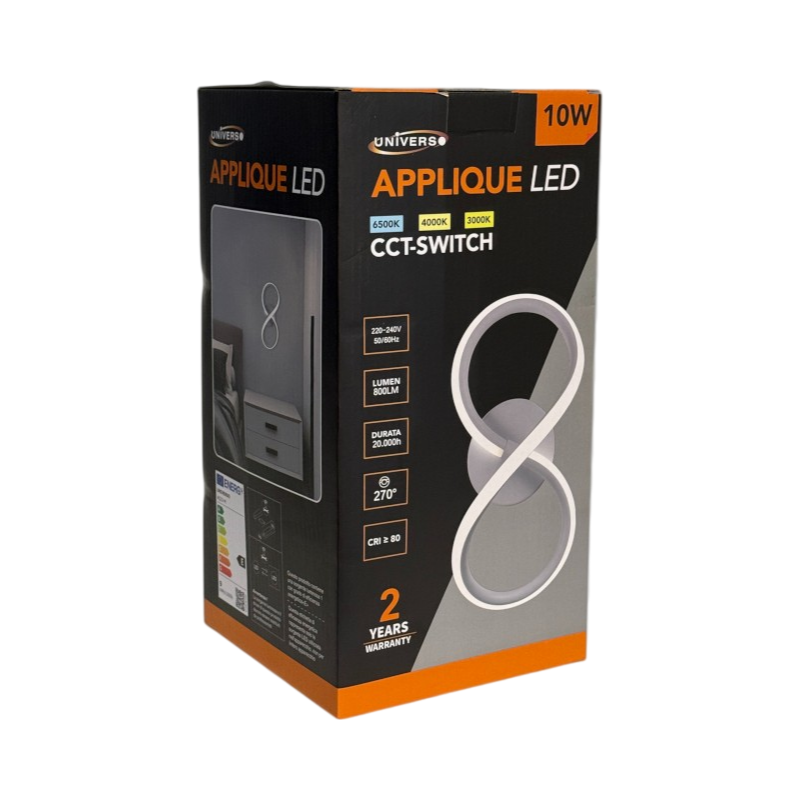 Applique Lampada LED Universo AQ33-B3C – Forma a Infinito, Montaggio a Parete 10W, Colore Luce CCT 3in1 (3000K/4000K/6500K)