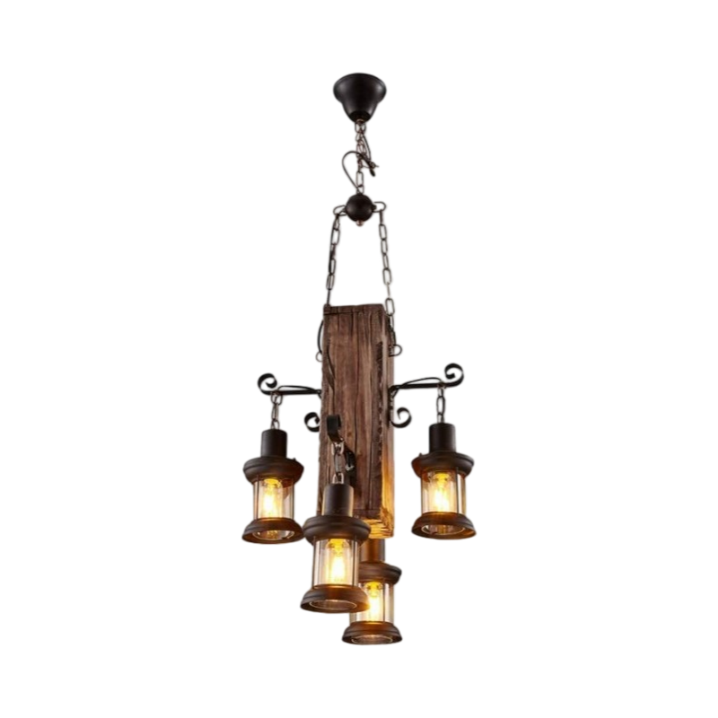 Lampadario a Sospensione Rustico Industrial – con 4 Lanterne, Attacco E27, Legno e Metallo (Mod. B54-4)