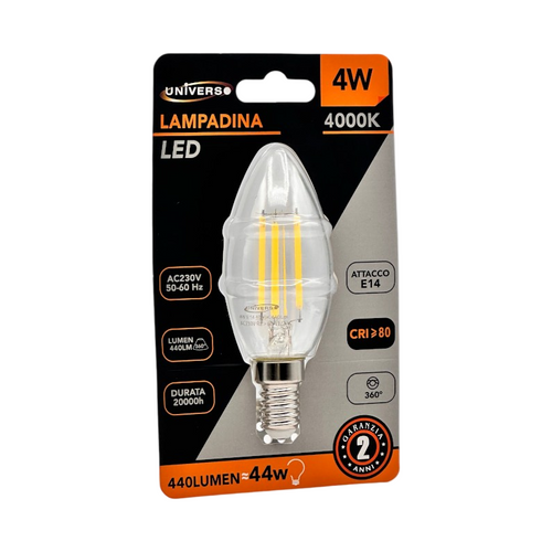 Confezione da 10 Pezzi Universo C35-T – Lampadina LED E14 4W, Candela C35 Filamento, Vetro Trasparente, CCT 3000K/4000K/6500K