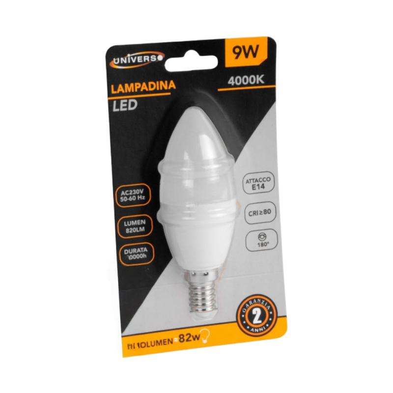 Confezione da 10 Pezzi Universo – Lampadina LED E14 9W, Candela C37, SMD, 820 Lumen, CCT 3000K/4000K/6500K