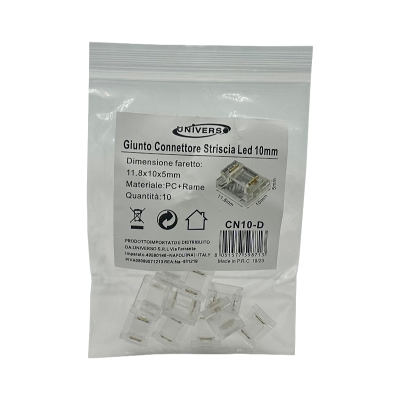 Connettore Lineare Trasparente per Strip LED Monocolore 2 Pin 10mm | Confezione 10 Pezzi