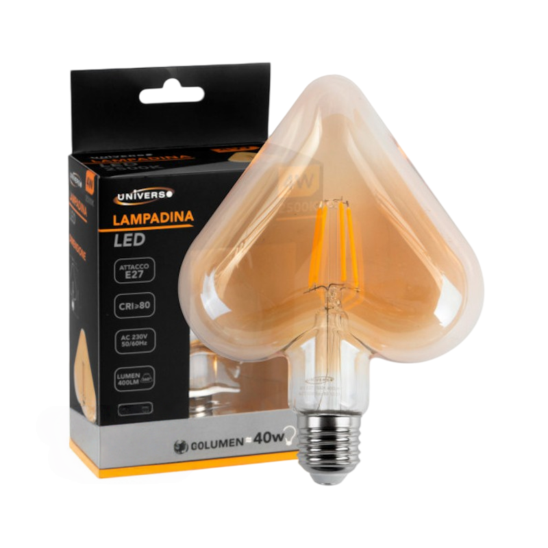 Lampadina LED Vintage a Forma di Cuore – E27 4W, Filamento, Vetro Ambrato, Luce Calda 2500K, Ideale per Pub e Taverne