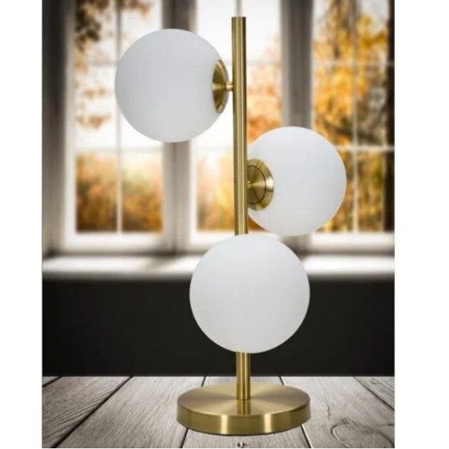 Lampada da Tavolo Universo Bronzo – 3 Sfere in Metallo e Paralume in Vetro con Attacco G9, Max 60W