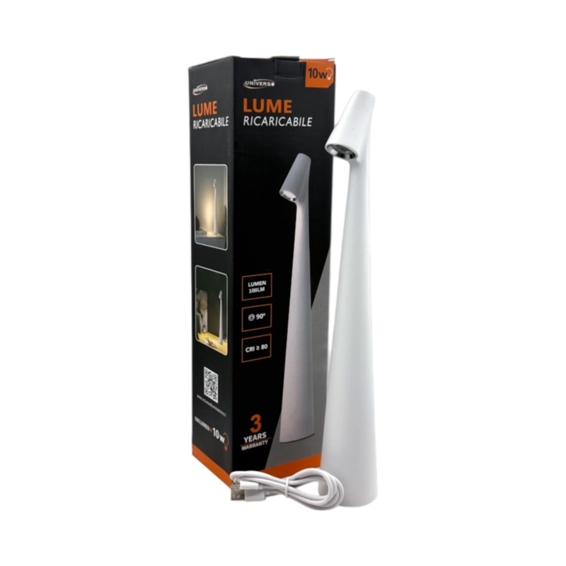 Lampada da Tavolo Universo 1W Touch Dimmerabile – Alluminio Bianco, Batteria Integrata, Luce Calda 3000K