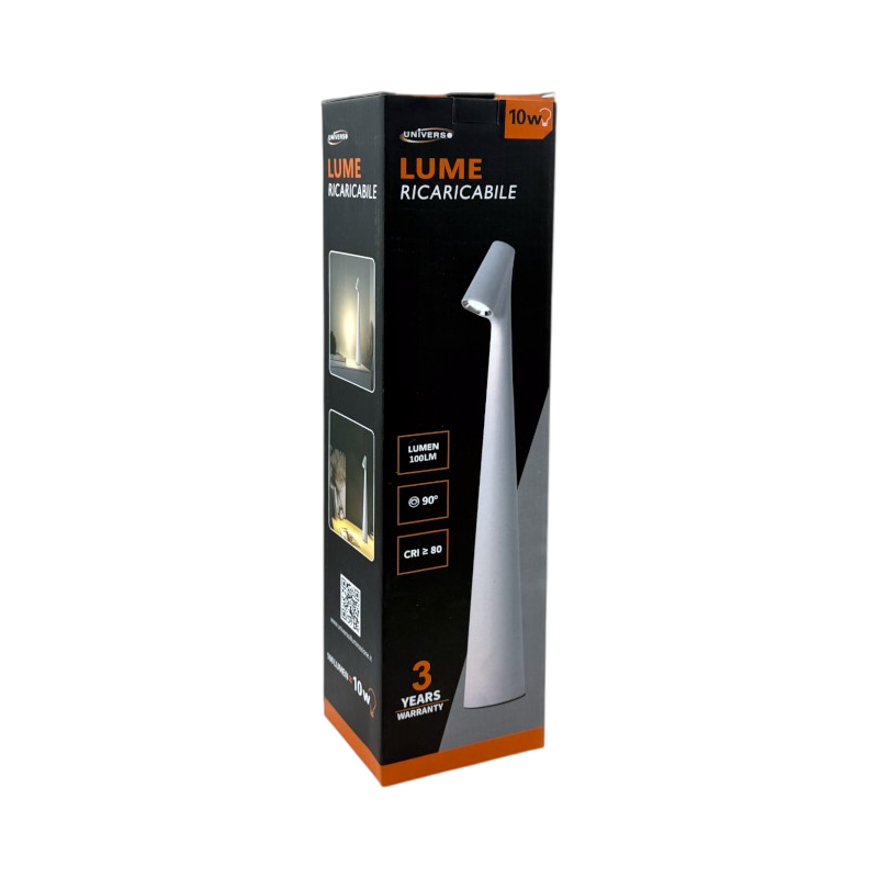 Lampada da Tavolo Universo 1W Touch Dimmerabile – Alluminio Bianco, Batteria Integrata, Luce Calda 3000K