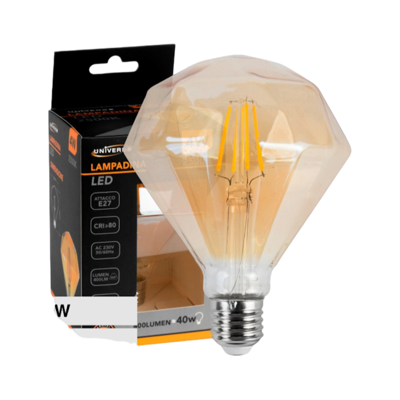 Lampadina LED Vintage a Forma di Diamante – E27 4W, Vetro Ambrato, Filamento, Luce Calda 2500K, Ideale per Pub e Taverne