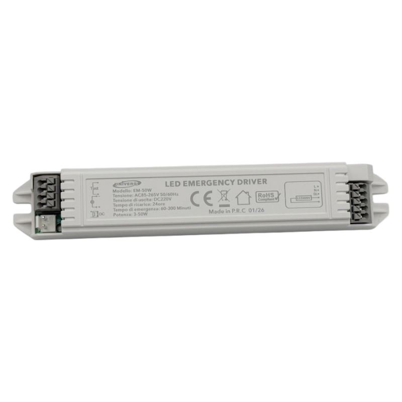 UNIVERSO EM-50W driver di emergenza per lampade LED da 3W a 50W, autonomia fino a 300 minuti, uscita DC 220V, ideale per illuminazione di emergenza in casa, uffici e ambienti professionali