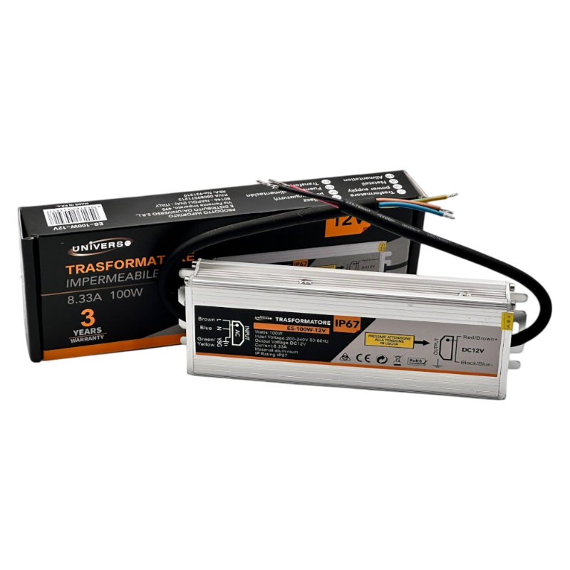 UNIVERSO ES-100W-12V Alimentatore metallico stabilizzato switching impermeabile IP67 220V-12V 8.33A 100 watt