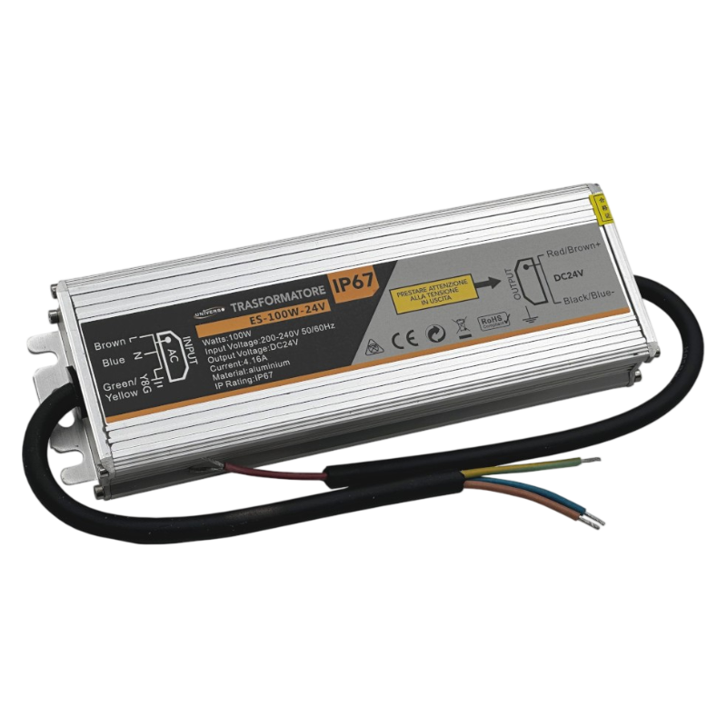 Alimentatore metallico stabilizzato switching impermeabile IP67 220V-24V 4.16A 100 watt