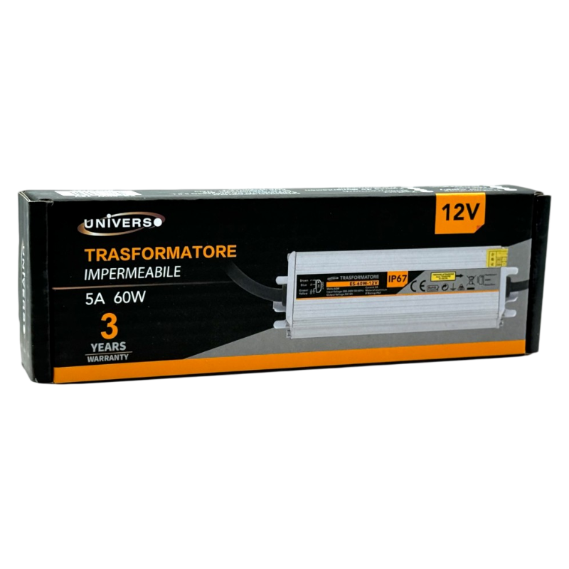 Alimentatore metallico stabilizzato switching impermeabile IP67 220V-12V 5A 60 watt