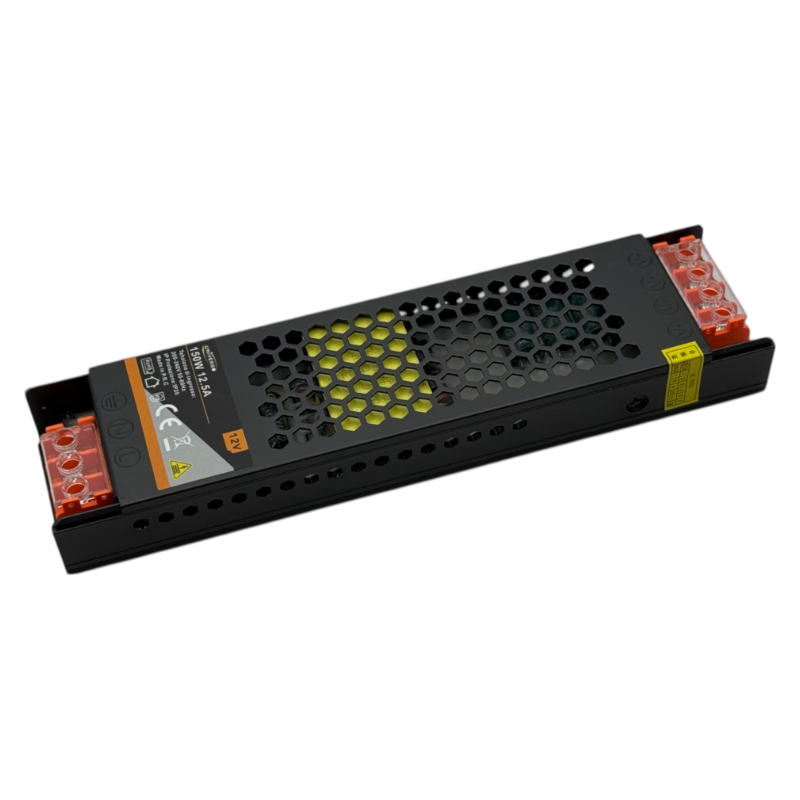 Alimentatore slim metallico stabilizzato switching trimmer 220V-12V 12.5A 150 watt colore nero