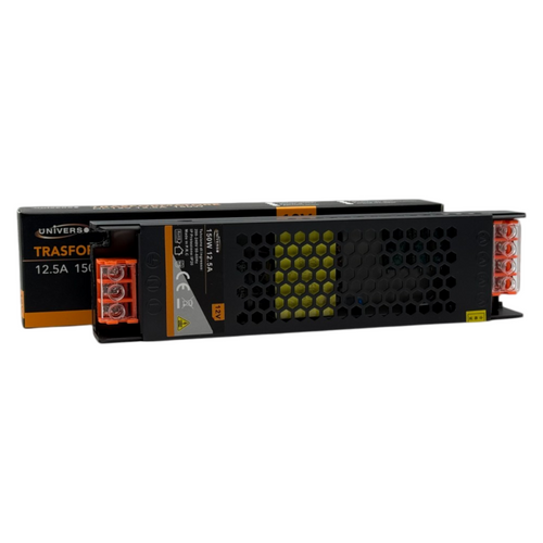 Alimentatore slim metallico stabilizzato switching trimmer 220V-12V 12.5A 150 watt colore nero