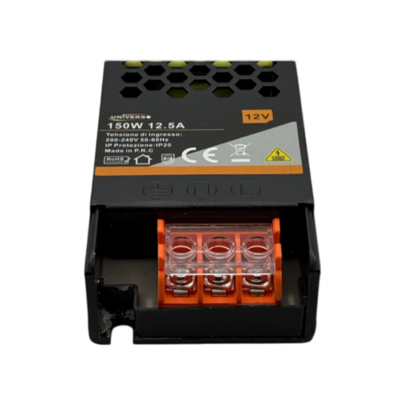 Alimentatore slim metallico stabilizzato switching trimmer 220V-12V 12.5A 150 watt colore nero