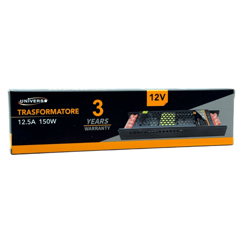 Alimentatore slim metallico stabilizzato switching trimmer 220V-12V 12.5A 150 watt colore nero