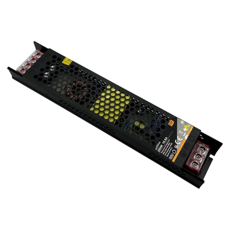 Alimentatore Slim Metallico Stabilizzato 200W per Uso Interno – DC12V 16.6A, 2 Uscite con Morsetti a Vite