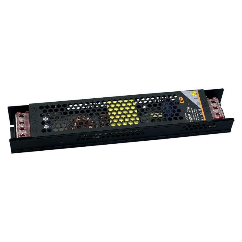 Alimentatore Slim Metallico Switching Stabilizzato 300W – Ingresso 220V, Uscita 12V 25A, Colore Nero, con trimmer regolabile