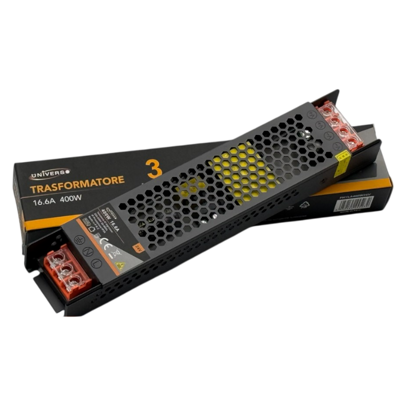 Alimentatore slim metallico stabilizzato switching trimmer 220V-24V 16.6A 400 watt colore nero