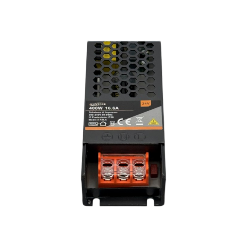 Alimentatore slim metallico stabilizzato switching trimmer 220V-24V 16.6A 400 watt colore nero