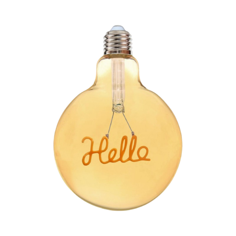 Lampadina LED E27 Universo G125-HELLO – 4W, Globo G125 a Filamento con Scritta "HELLO", Vetro Ambrato, Luce Calda 2500K