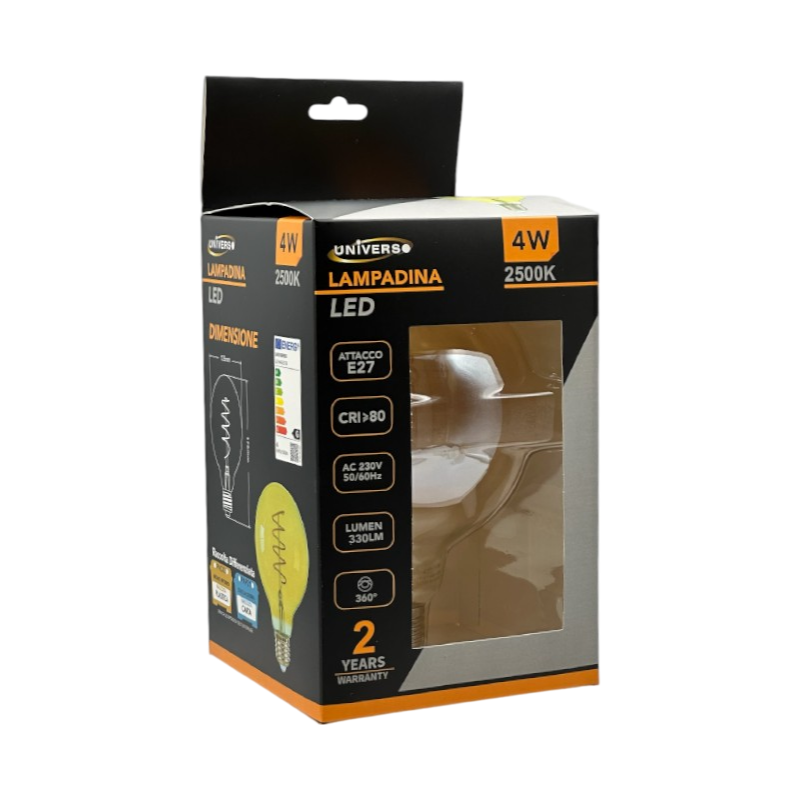 Lampadina LED E27 Universo G125-S-OC – 4W, Globo G125 a Filamento, Vetro Ambrato, Luce Calda 2500K