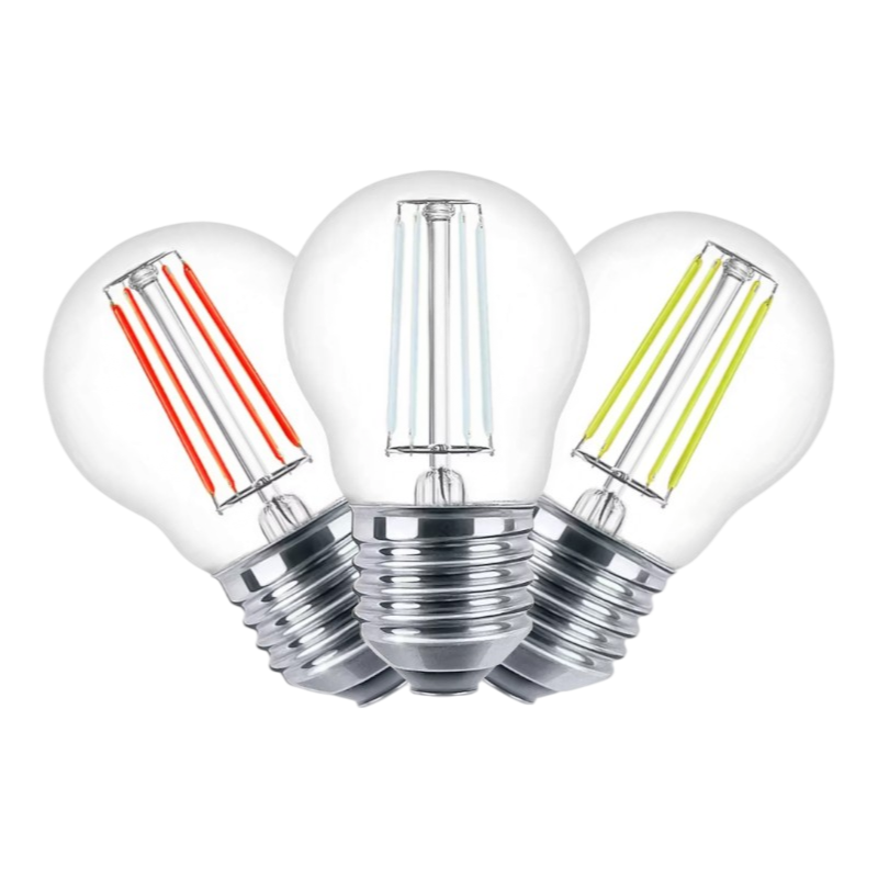 Confezione da 15 Pezzi Universo – Lampadina LED E27 Colorata 4W, Miniglobo G45 a Filamento, 440 Lumen, Colore Rosso/Verde/Blu