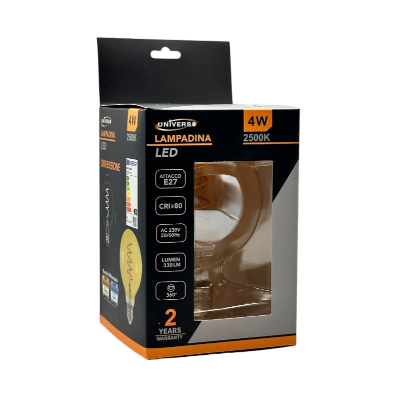 Lampadina LED E27 Universo G80-S-OC – 4W, Globo G80 a Filamento, Vetro Ambrato, Luce Calda 2500K