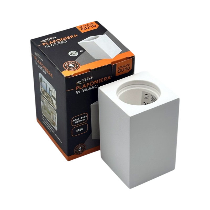 Portafaretto Quadrato in Gesso Verniciabile Universo GS-C90-Q – Montaggio Superficiale per Lampadine GU10 e GU5.3